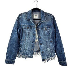 Old Navy Distressed Denim Jacket Womens Large Tie-Dye Peace Design Frayed Hem Bu